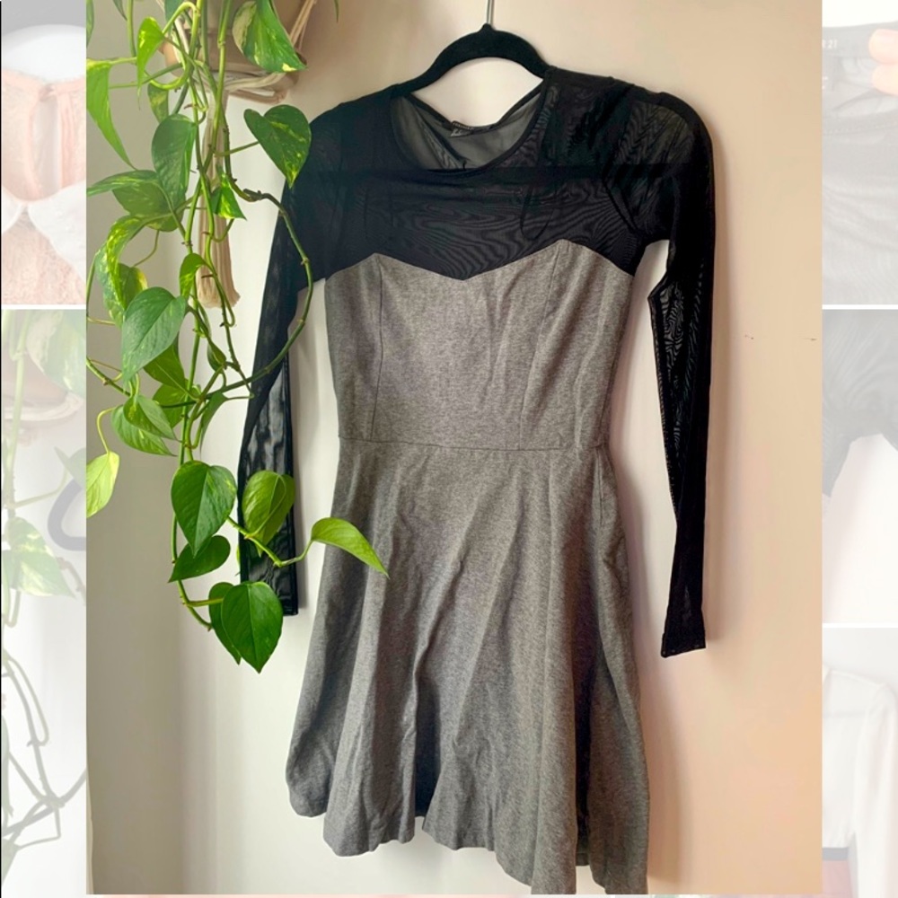 Mesh sleeve fit and flare cotton dress